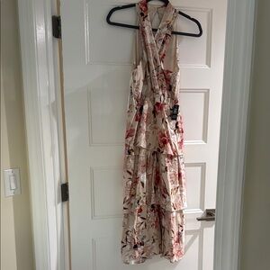 Express White and Red Ruched Tie Front Maxi Dress